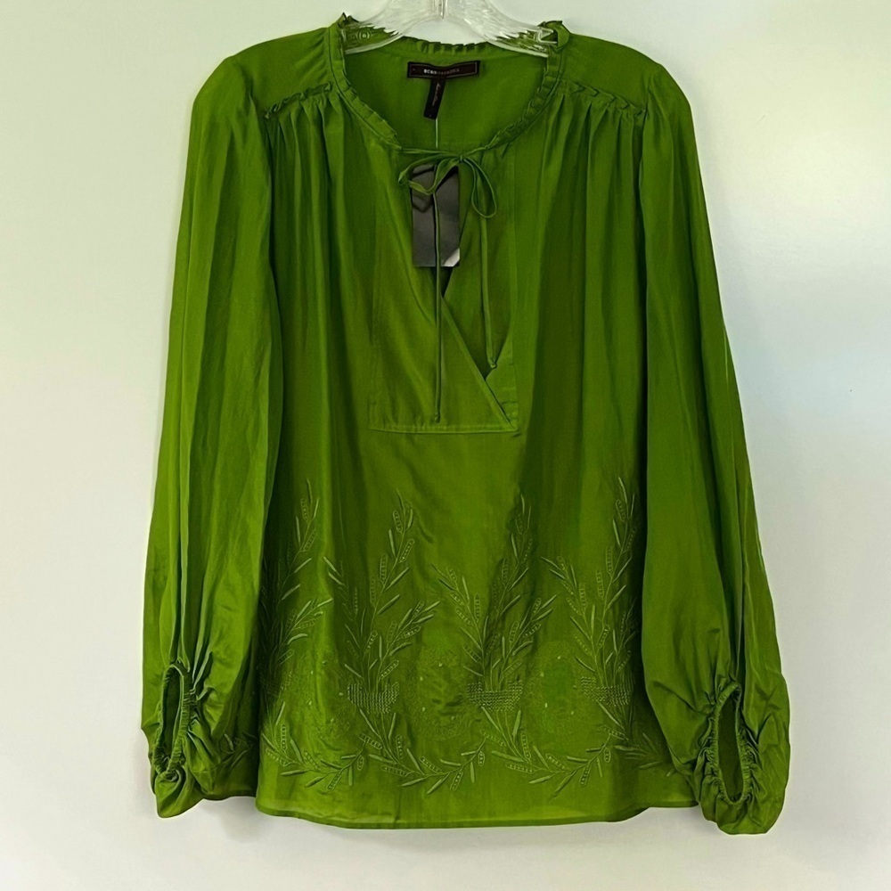 BCBG MAXAZRIA Artichoke green silk blend long sleeve tie front woven top NWT